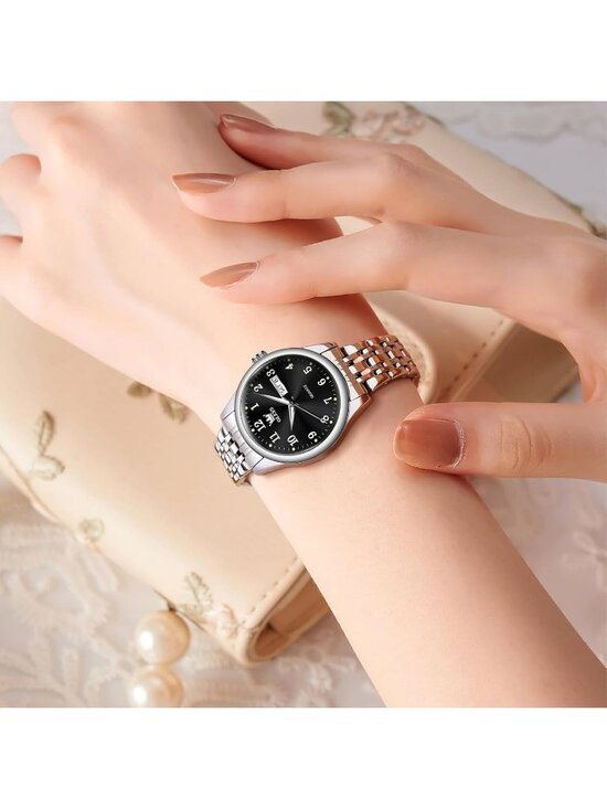 Women Silver Black Adjustable Strap Stainless Steel Arabic Numerals Luxury Watch